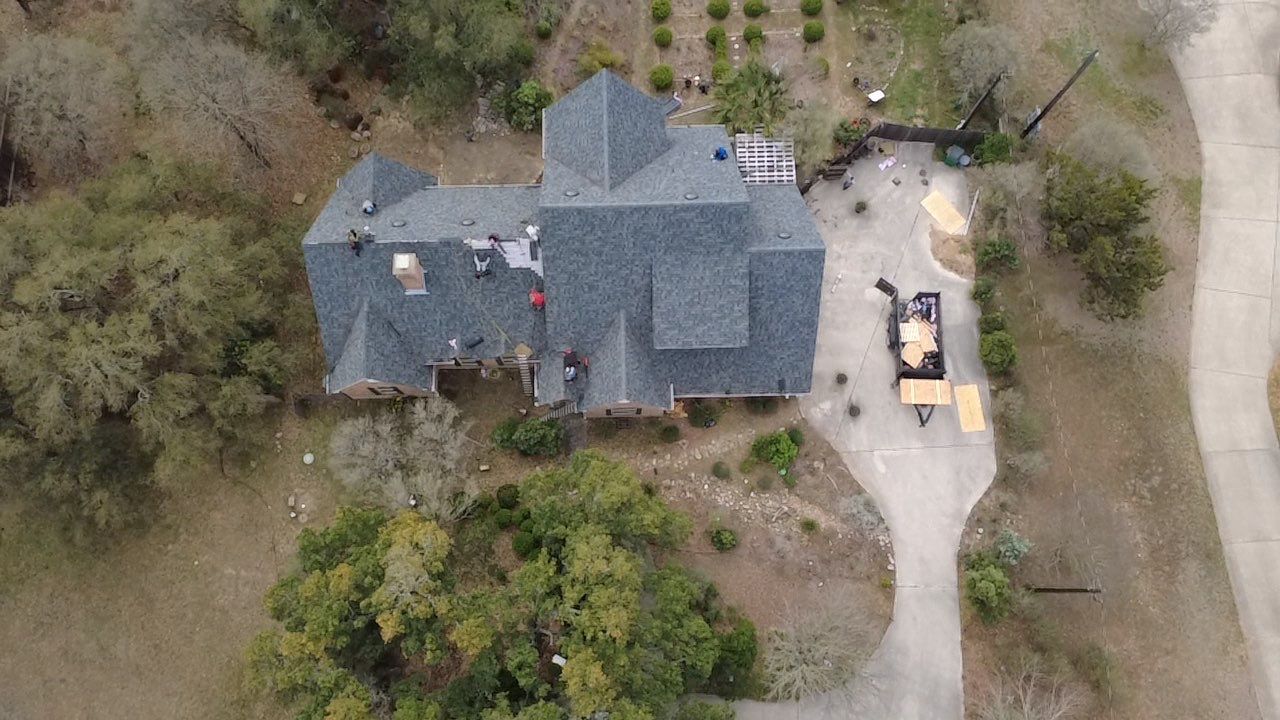 Acacia Roofing completed roof installation - Austin TX aerial drone view